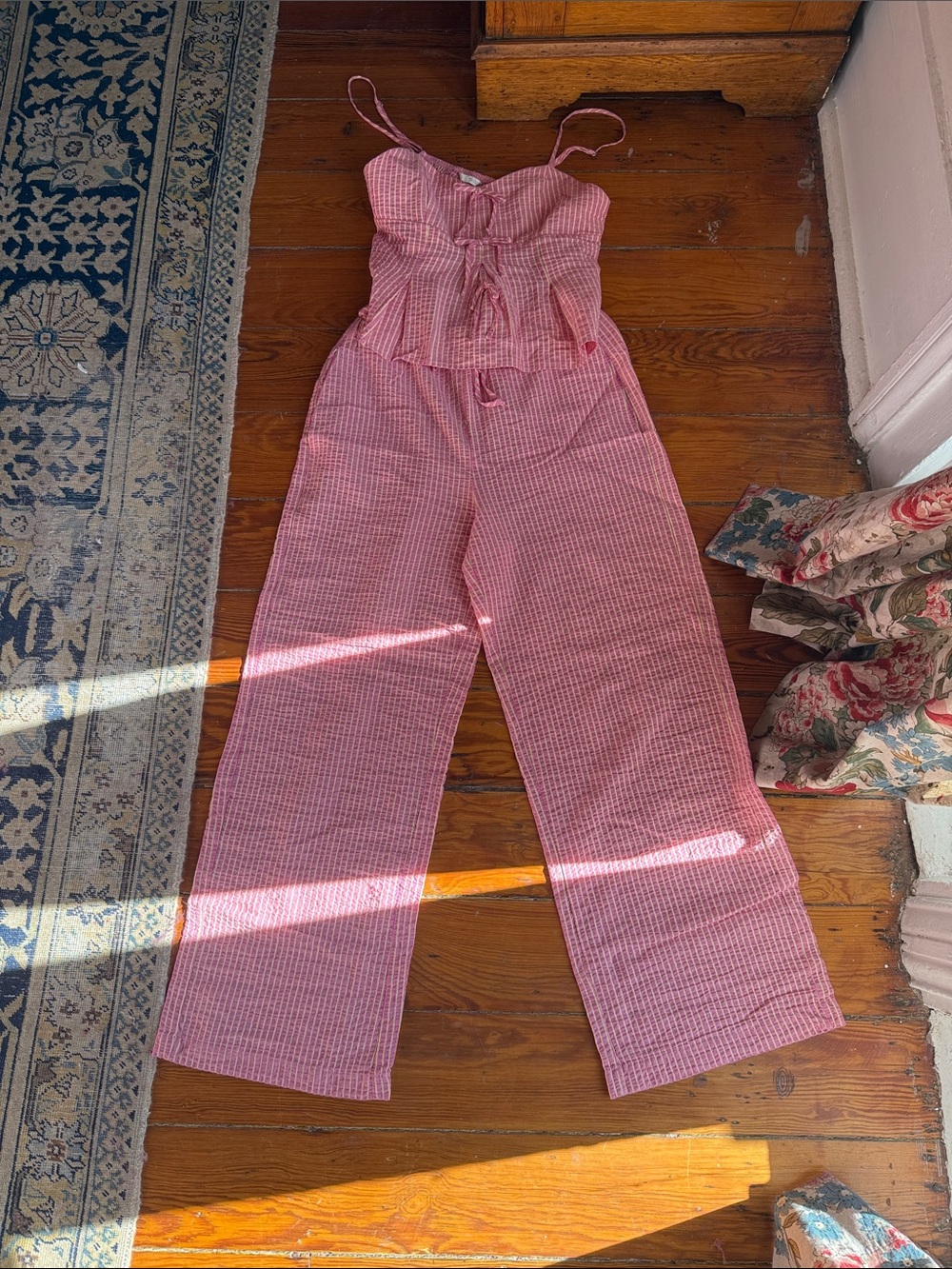 **SET ZARA Pink Seersucker Wide-Leg Pant + Top